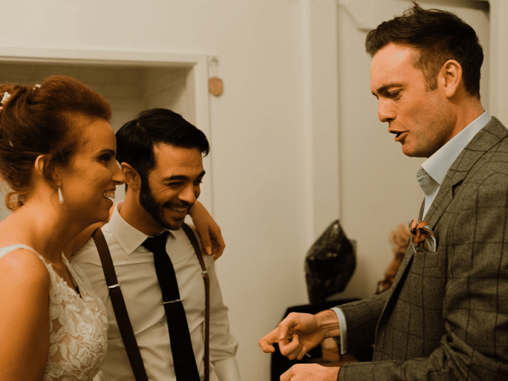 Wedding Magician London Brendan Patricks amazes the bride and groom with a classic of magic.